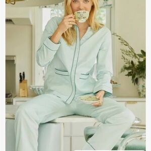 LAKE Cotton Poplin Piped Pants and Top Set Mint & Spruce Green Pajama  Set